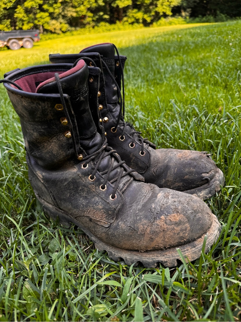 Chippewa Black Leather Work Boots with Maroon Lining